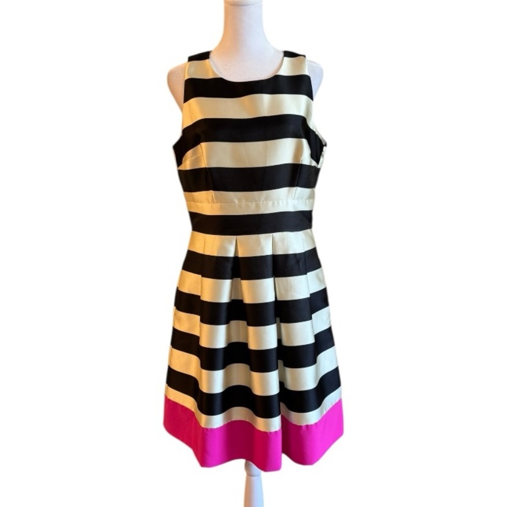 ELIZA J Striped Crepe Black & White Fit & Flare Dress Pink Stripe Size 10